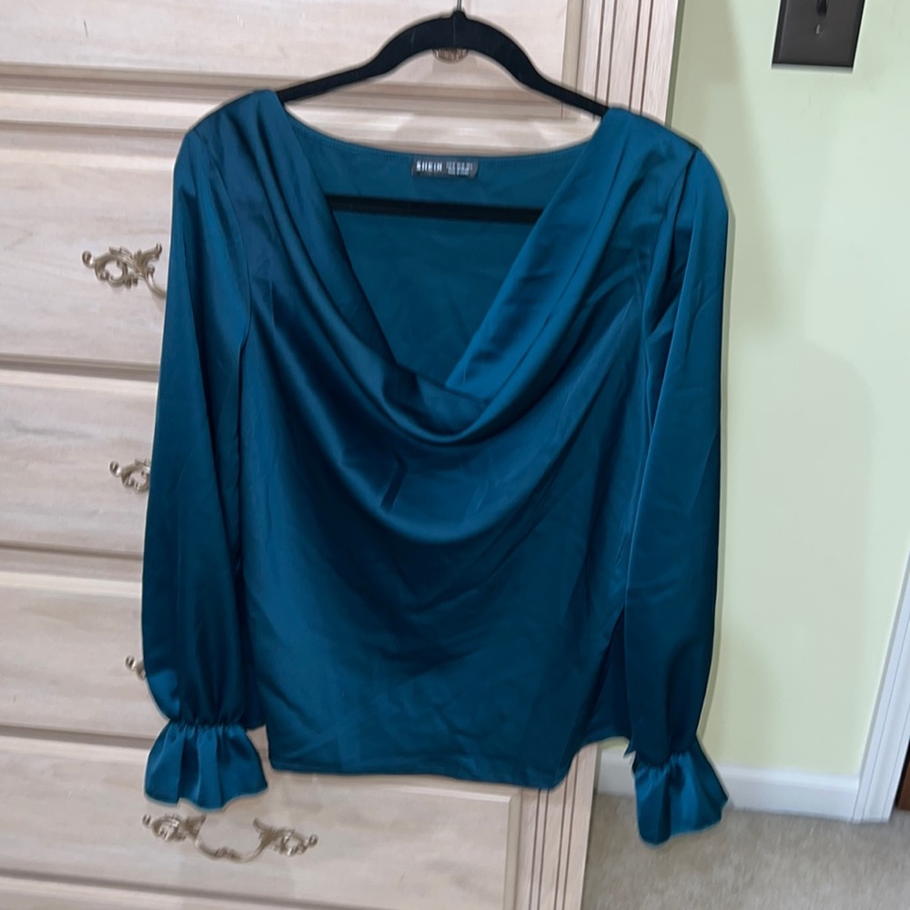 SHEIN Teal Satin Draped Cowl-Neck Blouse with Ruffle Tie Cuffs